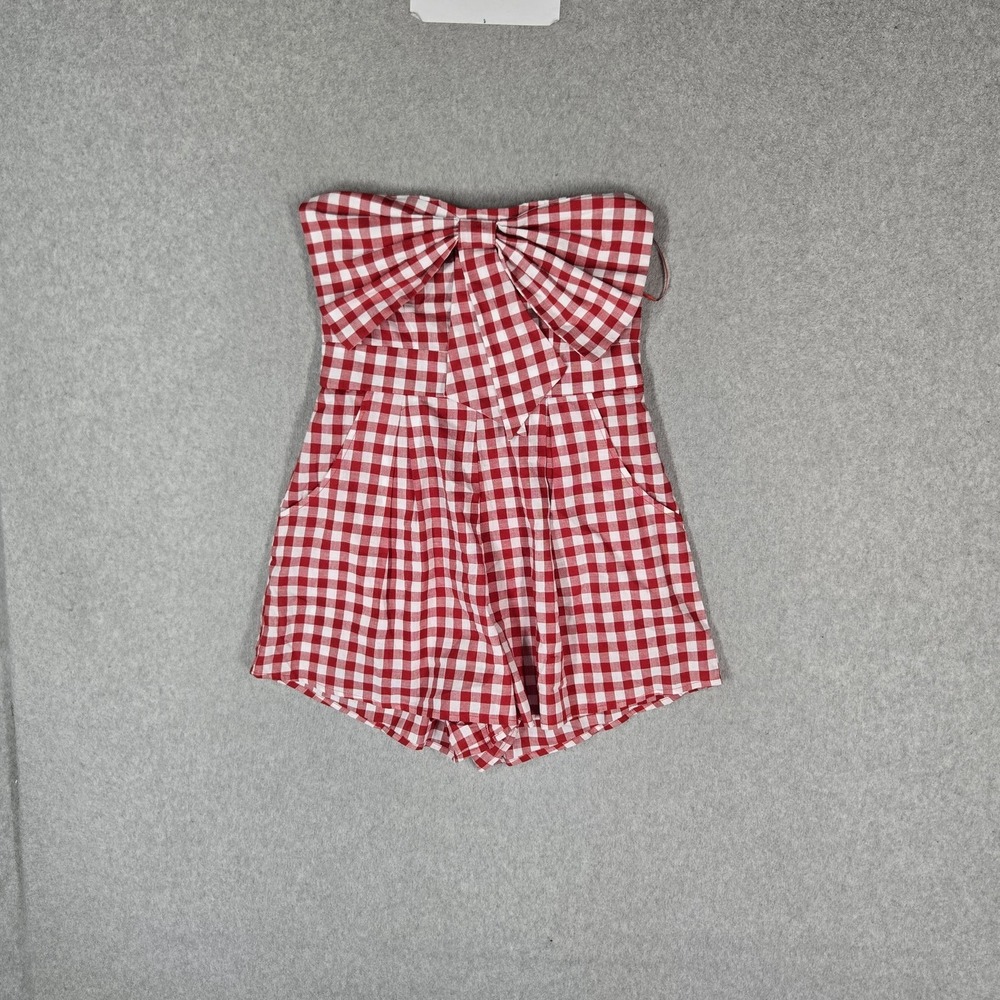 Francesca's Women Romper S Red Gina Strapless Bow Gingham Pockets 2.5" NWT